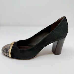 Tory Burch Pacey Cap-Toe Pumps - Black/Beige Block Heel - Office Siren Chic 6